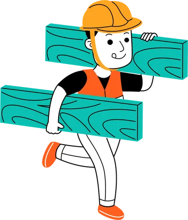 Trabajador de la construcción sosteniendo placas de madera  Ilustración