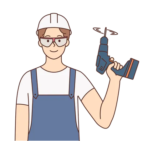 Trabajador de la construcción con máquina perforadora  Ilustración