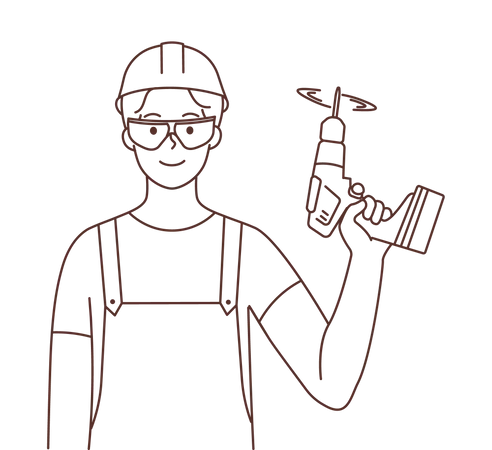 Trabajador de la construcción con máquina perforadora  Ilustración
