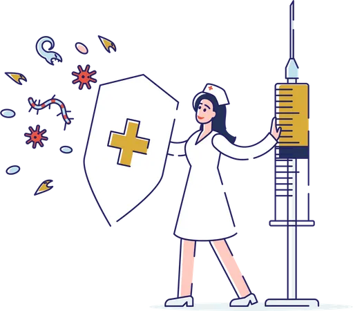 Concepto De Atencion Medica Y Vacunacion Infantil Medico Pediatra Mujer Con Un Gran Escudo Y Jeringa De Vacuna Vacunacion Y Proteccion De Los Ninos Ilustracion De Vector Plano Lineal De Contorno De Dibujos Animados Ilustración