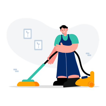 Trabajador de limpieza masculino aspirando el suelo  Ilustración