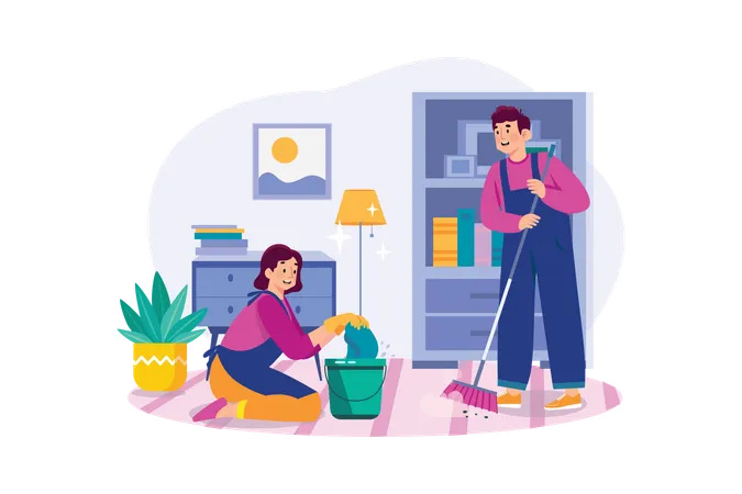 Trabajador de limpieza con balde y escoba.  Ilustración
