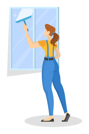 Trabajador de limpieza en la ventana limpia uniforme usando un limpiador  Ilustración
