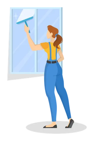 Trabajador de limpieza en la ventana limpia uniforme usando un limpiador  Ilustración