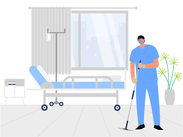 Trabajador de limpieza limpia la habitación del hospital  Ilustración