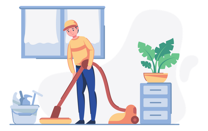 Trabajador de limpieza haciendo limpieza con aspiradora Piso limpio en casa  Ilustración
