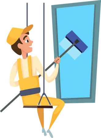 Trabajador de limpieza lavando ventana  Ilustración
