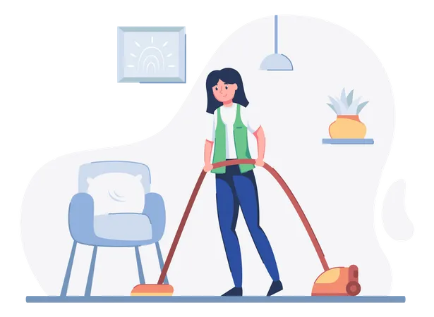 Trabajador de limpieza limpiando el piso con aspiradora  Ilustración