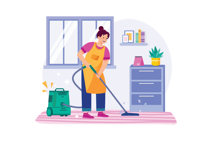Trabajador de limpieza limpiando el piso con la aspiradora  Ilustración