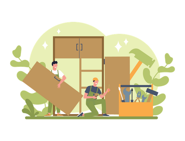 Trabajador de montaje de muebles montando armario  Ilustración
