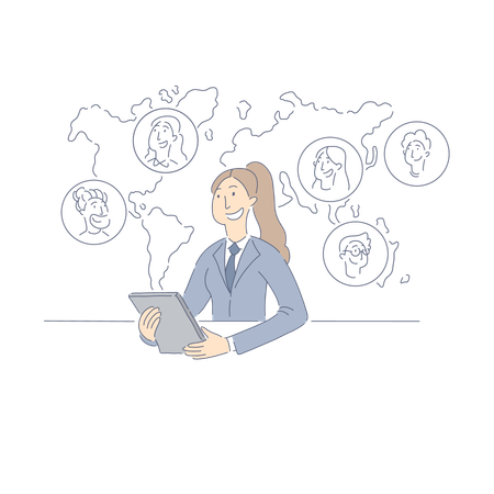 Trabajador de oficina que tiene llamadas de negocios en tableta  Ilustración