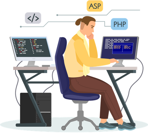 Trabajador de oficina masculino sentado a la mesa con un programador de computadoras escribe código de programa  Ilustración