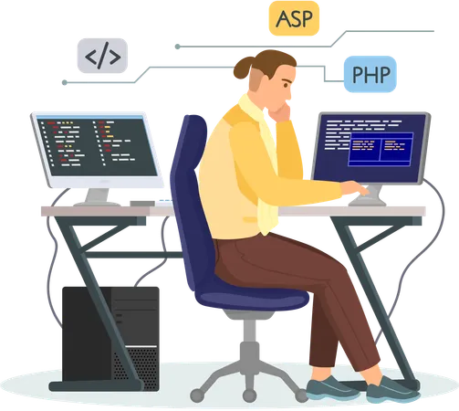 Trabajador de oficina masculino sentado a la mesa con un programador de computadoras escribe código de programa  Ilustración