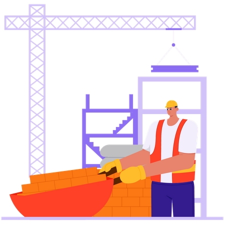 Trabajador del proyecto de construcción recogiendo materiales de construcción  Ilustración