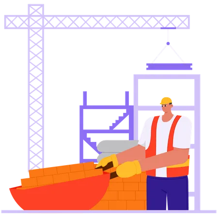 Trabajador del proyecto de construcción recogiendo materiales de construcción  Ilustración