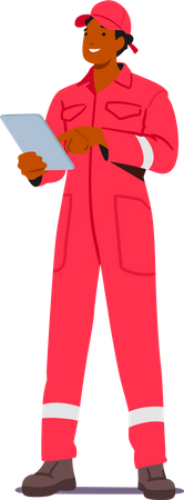 El trabajador de seguridad contra incendios masculino usa uniforme rojo con tableta en las manos garantiza la seguridad pública al monitorear los riesgos de incendio  Ilustración