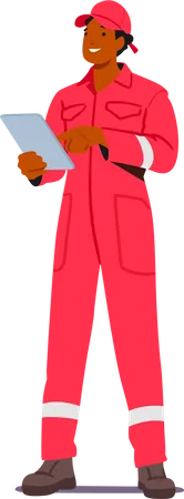 El trabajador de seguridad contra incendios masculino usa uniforme rojo con tableta en las manos garantiza la seguridad pública al monitorear los riesgos de incendio  Ilustración
