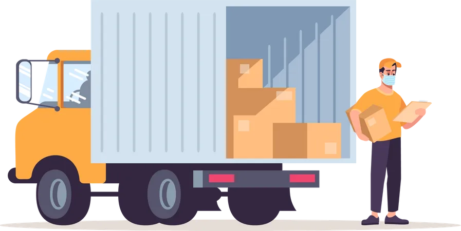 Trabajador del servicio de entrega cargando cajas en camión  Ilustración
