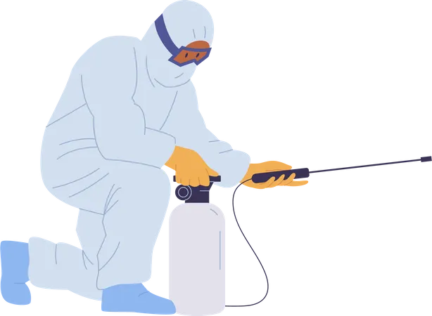 El trabajador del servicio de limpieza con mascarilla protectora y uniforme hace que el saneamiento desinfecte la superficie  Ilustración