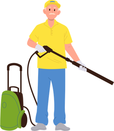 Trabajador de servicio de limpieza de automóviles usando aspiradora profesional para ocupación laboral  Ilustración