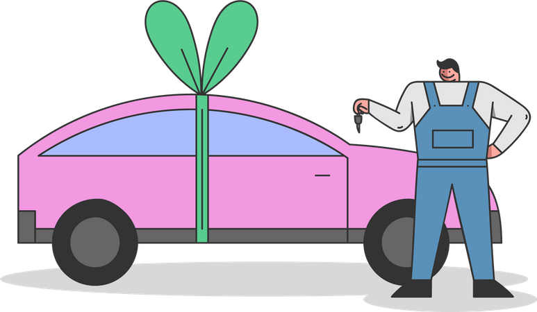 Trabajador de una fábrica de automóviles esperando la entrega del automóvil  Ilustración