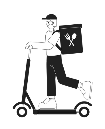 Trabajador del servicio de entrega de comida exprés en e scooter  Ilustración