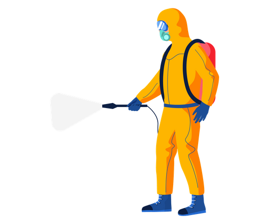 Trabajador desinfectante con traje de materiales peligrosos  Ilustración