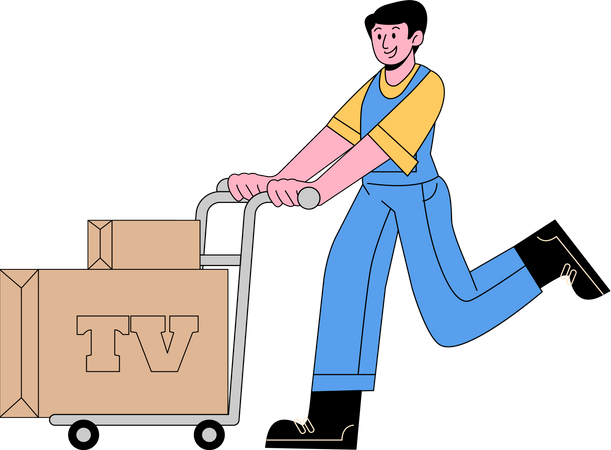 Trabajador empujando carrito de televisión  Ilustración