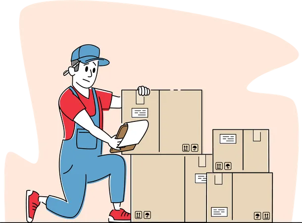 Trabajador en almacén con cajas revisando la lista de mercancías para distribución  Ilustración