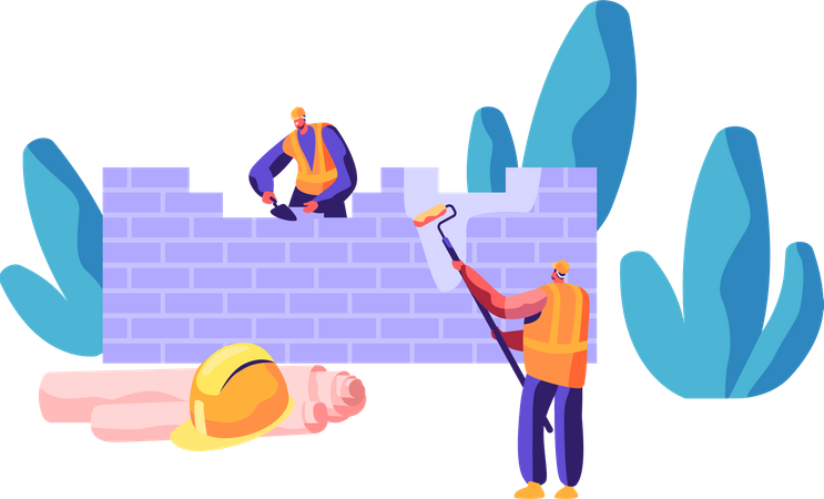 Trabajador en uniforme en proceso de construcción de pared de ladrillo  Ilustración