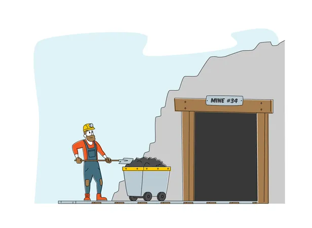 Trabajador en uniforme y casco en la entrada de la mina de carbón con carro con pala  Ilustración