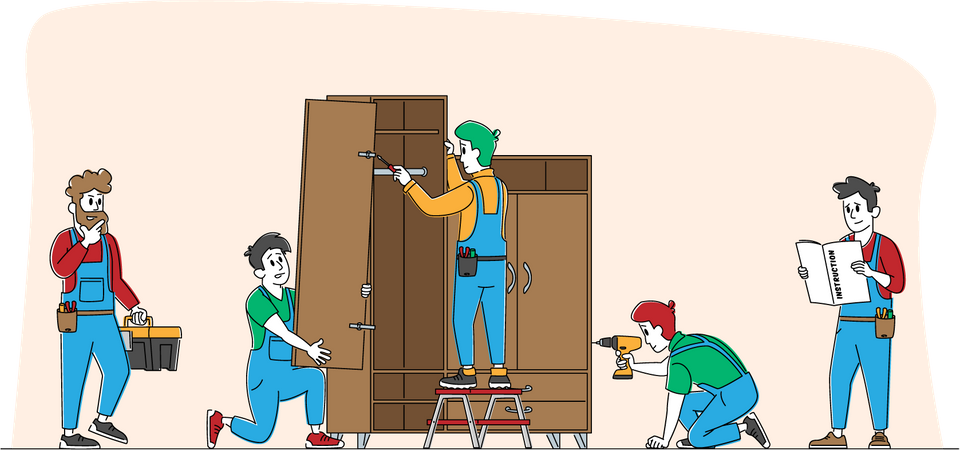 Trabajador de montaje de muebles montando armario  Ilustración