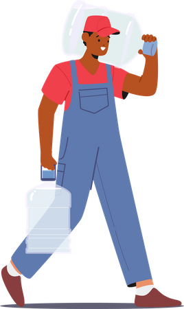 Trabajador masculino entrega galones de agua dulce en las manos  Ilustración