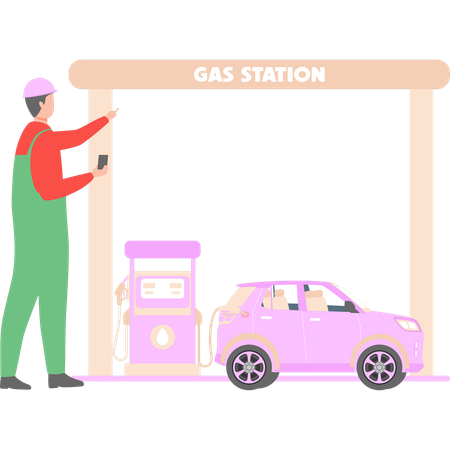 El trabajador está parado en la gasolinera.  Illustration