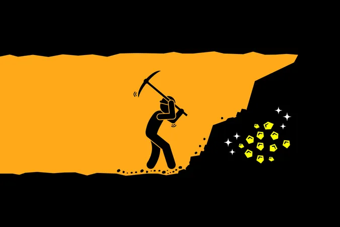 Trabajador excavando y extrayendo oro en un túnel subterráneo  Ilustración