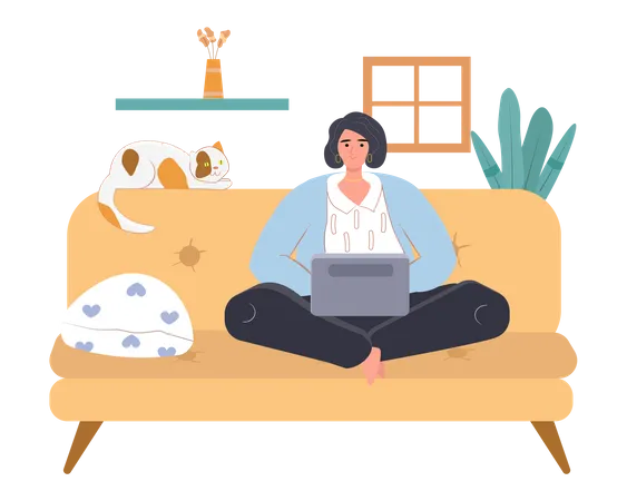 Trabajador independiente sentado en el sofá y trabajando en una computadora portátil  Ilustración