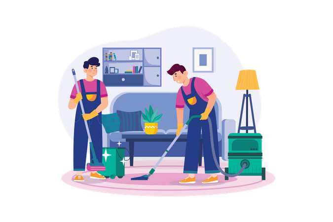 Trabajador masculino haciendo aspiradora limpiando el piso limpio en la sala de estar  Ilustración