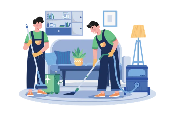 Trabajador masculino haciendo aspiradora limpiando el piso limpio en la sala de estar  Ilustración