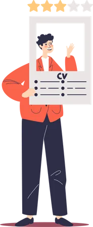 Un trabajador que solicita un puesto de trabajo tiene un cv para un puesto vacante. Empleado prepara currículum para entrevista  Ilustración