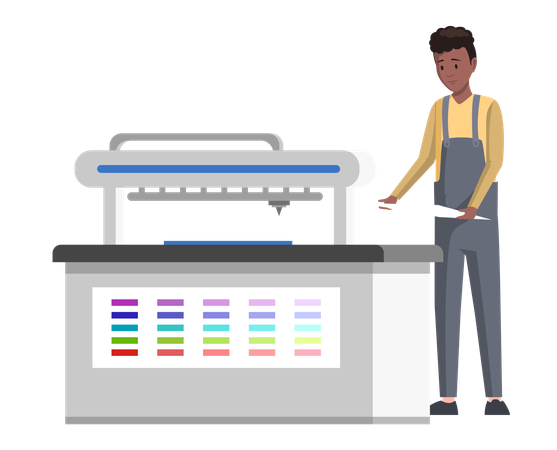 Trabajador masculino imprimiendo documento editorial con equipo  Ilustración