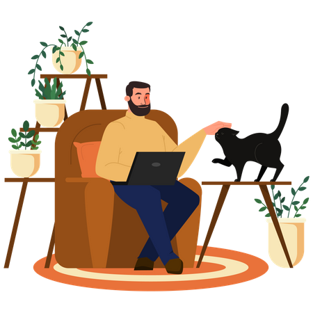 Trabajador independiente trabajando en una computadora portátil con una mascota  Ilustración
