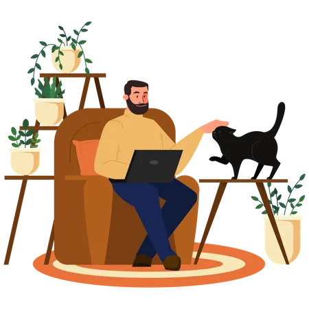 Trabajador independiente trabajando en una computadora portátil con una mascota  Ilustración