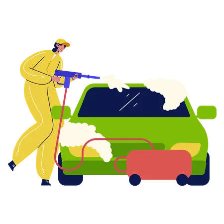 Trabajador lavando auto  Ilustración