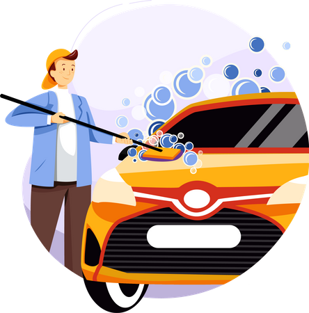 Trabajador de limpieza de autos limpiando autos con trapeador y pompas de jabón  Ilustración