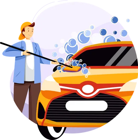 Trabajador de limpieza de autos limpiando autos con trapeador y pompas de jabón  Ilustración