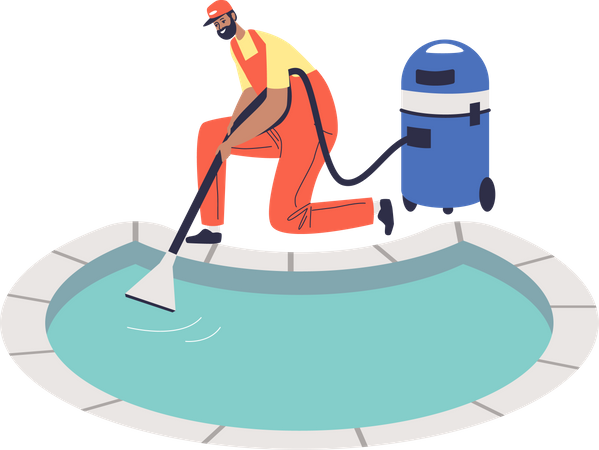 Trabajador limpiando agua en piscina con aspiradora  Ilustración
