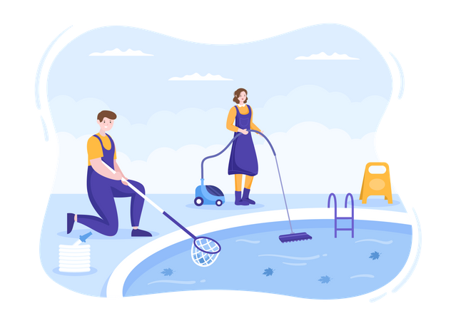 Trabajador limpiando agua en piscina con aspiradora y red  Ilustración