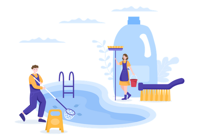 Trabajador limpiando agua en piscina con red  Ilustración