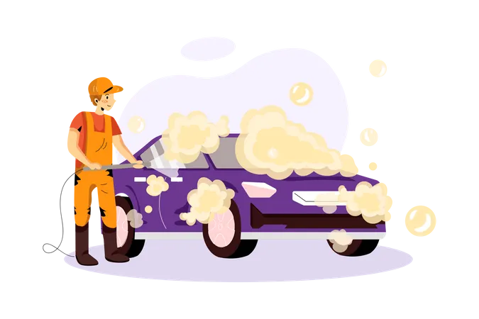 Trabajador limpiando el coche con aire pulverizado.  Ilustración