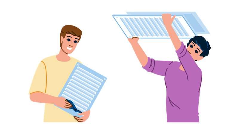 Trabajador limpiando ventilación de aire  Ilustración